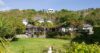 Elegant St Barts villa with spacious lawn, tropical palm trees, and hillside backdrop surrounded by lush gardens.