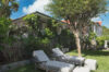 Garden view with cushioned sun loungers under a tree at private villa rental in St Barts.