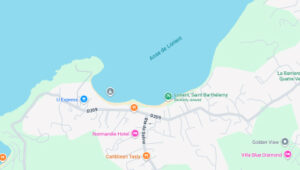 Map of Lorient area in Saint Barthelemy, showing roads, hotels, and local landmarks.
