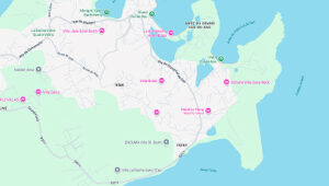 Map of Le Toiny area in St. Barts showing roads and nearby landmarks.