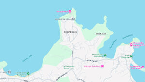 Map of northern Saint Barthélemy showing Pointe Milou, Mont Jean, beaches, and villa locations.