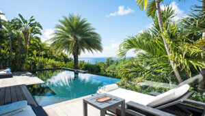 Palm trees by pool with ocean view and lounge chairs on wooden deck.