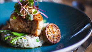 Seared fish on risotto with green beans and grilled lemon, garnished with microgreens.