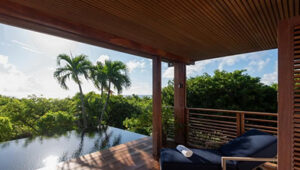 Private villa terrace with plunge pool, lounge chairs, and palm tree views in a tropical setting.