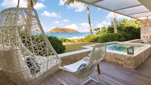 Patio with hanging chair, white chairs, hot tub, and ocean view with palm trees in St. Barts