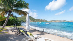 Beachfront with lounge chairs under palm trees, overlooking turquoise water and boats.