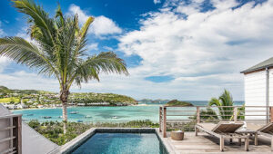 Poolside view of lounge chairs, palm tree, and ocean with islands in Grand Cul-de-Sac