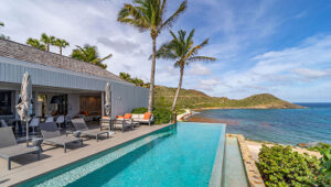 Infinity pool overlooking the sea with a modern patio and lounge area under palm trees.