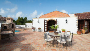 Outdoor patio with table, chairs, plants, and barbecue in a villa in Lurin, St. Barts