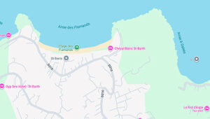 Map showing Flamands beach and nearby roads in St. Barts island.