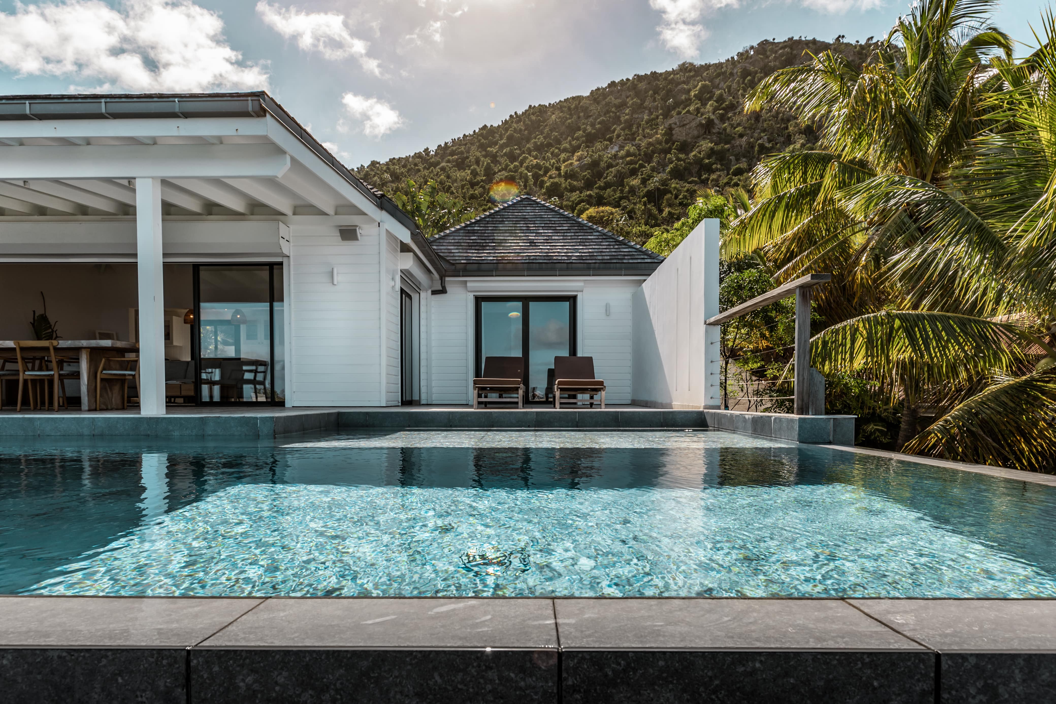 Infinity-edge pool at a luxury St Barts villa with tropical palm trees, modern white architecture, and hillside views