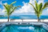 Jacuzzi overlooking turquoise sea and islands at luxury villas St Barts surrounded by palm trees and tropical sky.